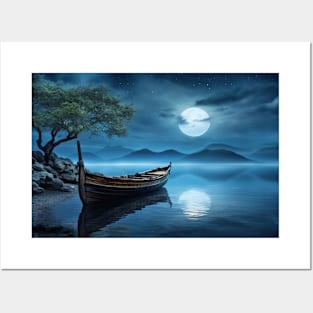 Tranquil Water Boat Serene Landscape Posters and Art